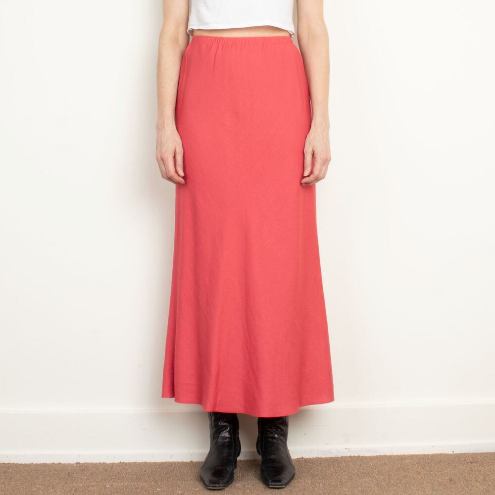 Vintage 90s Red Linen Maxi Skirt adrianna papéll Pull On Elastic Waist Size 6